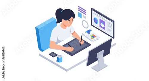 Graphic designer working at desk with digital tools vector illustration for office environment and creativity concept in isometric style