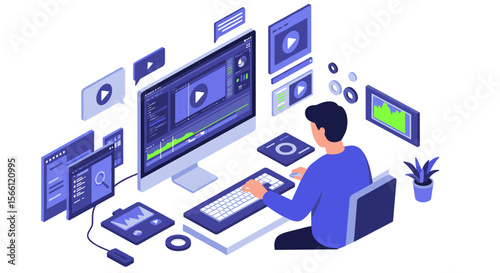 Video editing workspace vector illustration for digital design using isometric style