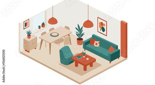 Cozy modern isometric vector illustration of a living room interior for design and decor inspiration