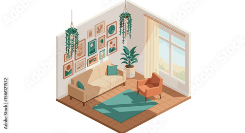 Cozy living room with art gallery in isometric vector illustration for interior design inspiration