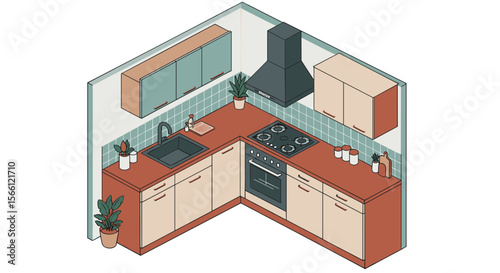 Modern kitchen design vector illustration: isometric style for home decor and planning