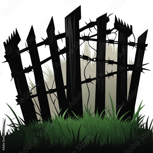 Black Silhouette Broken Wooden Fence Barbed Wire Green Grass 1
