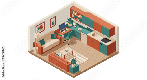 Cozy home office vector illustration for interior design in isometric style