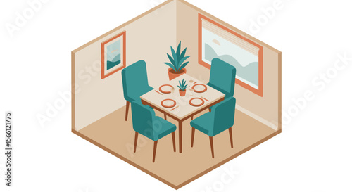 Cozy dining room isometric vector illustration: interior design for print and poster in flat style