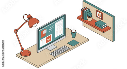 Modern home office setup vector illustration for design projects in minimalist flat style