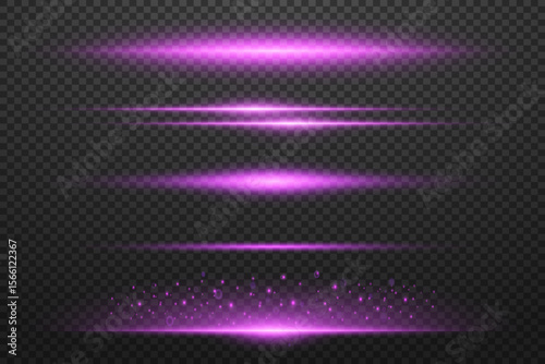 Horizontal purple light rays, purple line flash. Abstract glare and flashes.EPS 10.