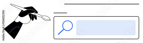 Hand holding a paintbrush adding a creative touch to a search bar. Ideal for creativity, design, art, innovation, digital solutions, branding, and simple landing page