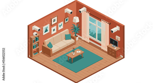 Home security monitoring system vector illustration - isometric interior design for poster or print