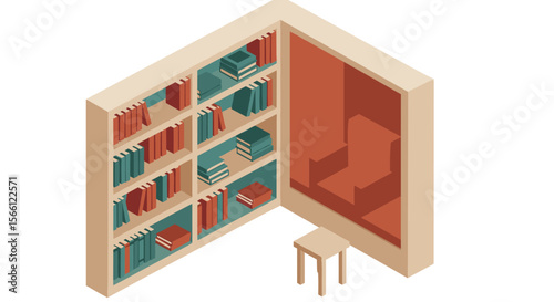 Cozy reading nook vector illustration: isometric bookshelf design for interior decor
