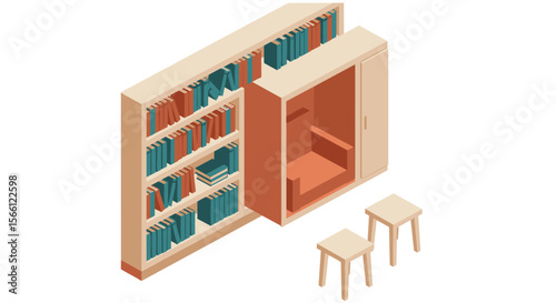 Isometric library vector illustration: modern cozy reading nook design for poster or card