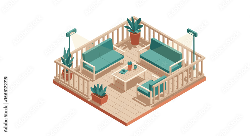 Naklejka premium Cozy outdoor patio vector illustration in isometric style for design use