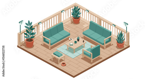 Cozy outdoor patio scene vector illustration for lounge area design in isometric style