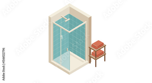 Isometric bathroom design with shower and towels vector illustration for interior decor