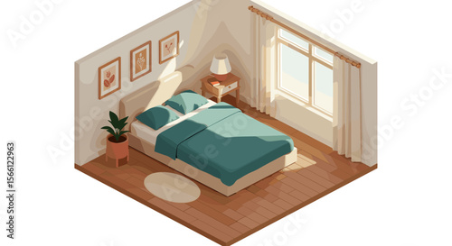 Cozy bedroom interior vector illustration for home decor and design in isometric style