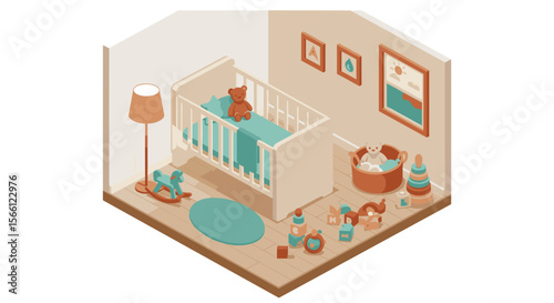 Cozy nursery interior vector illustration in isometric style for children's playroom design