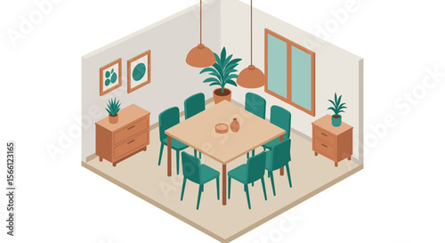 Modern dining room isometric vector illustration for interior design projects