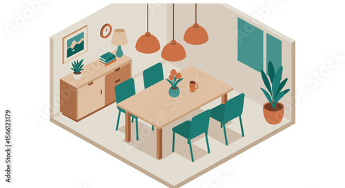 Modern dining room vector illustration: home decor, interior design, isometric style for poster