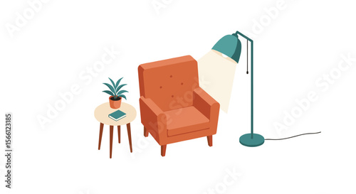 Cozy reading corner vector illustration: interior design in isometric style