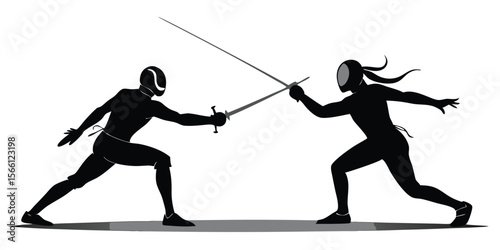 Black Silhouettes Two Fencers Foil Dueling Action Sport 1