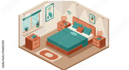 Cozy bedroom isometric vector illustration for interior design projects