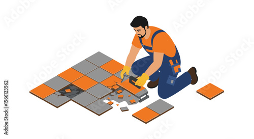 Home renovation: isometric vector illustration of tile laying for construction design