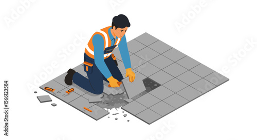 Construction worker laying tiles vector illustration in flat style for building design concept