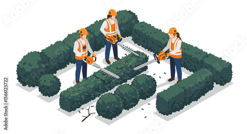 Garden maintenance workers trimming hedges vector illustration - isometric style for landscaping design