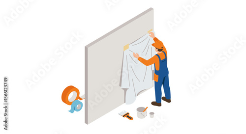 Home renovation vector illustration: diy wallpaper installation in isometric style