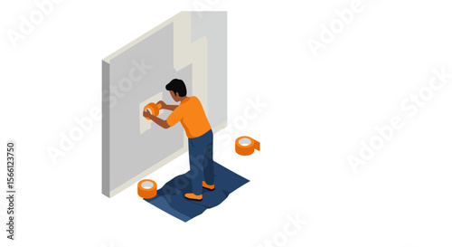 Man painting wall: isometric vector illustration for interior design and renovation concepts