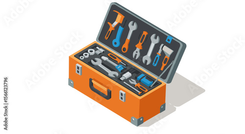Isometric vector illustration of tool box with various tools for diy projects and repairs