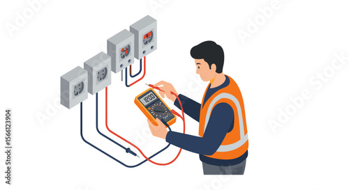 Electrician at work vector illustration: professional repair skill, safety gear, and tools in flat isometric design