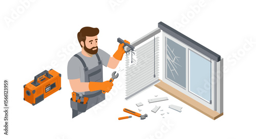 Home repair vector illustration: window fixing scene in isometric style