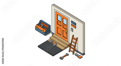 Home renovation tools and entrance scene vector illustration in isometric style