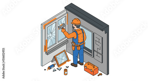 Broken window repair vector illustration - isometric construction scene for posters and cards