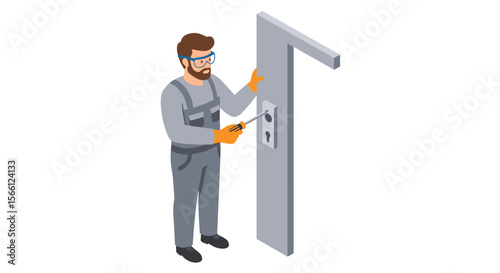 Locksmith working on door lock: vector illustration in isometric style for security and maintenance concepts
