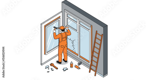 Home repair concept: vector illustration of a worker fixing a broken window in isometric style for diy and maintenance design