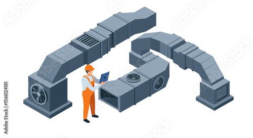 Hvac system engineer: isometric vector illustration for industrial design concepts