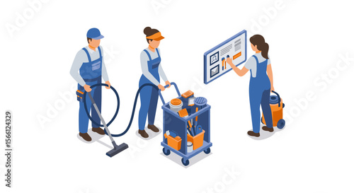 Cleaning team isometric vector illustration for service posters