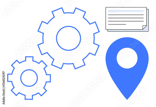 Gears, location pin, and document representing collaboration, workflow, location-based services, automation, navigation task planning and management. Ideal for efficiency teamwork planning. A