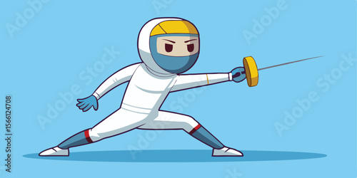 Cartoon Fencing Athlete White Suit Blue Background 1