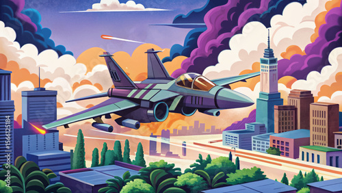 fighter plane and Smoke in Modern Urban Warfare ideal for military-themed design, game assets, concept art, and editorial use