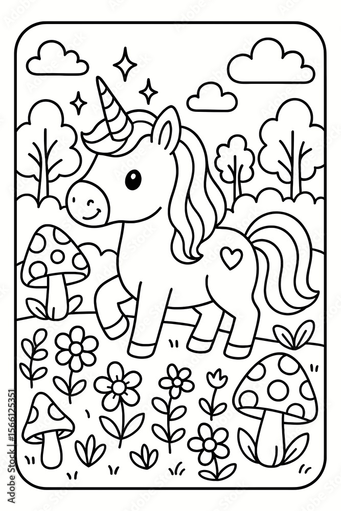 Fototapeta premium Charming unicorn outline stands amidst flowers and mushrooms in a sweet, magical forest scene, perfect for coloring books.