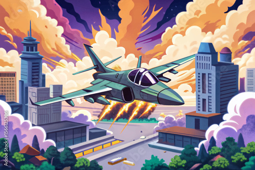 fighter plane and Smoke in Modern Urban Warfare ideal for military-themed design, game assets, concept art, and editorial use