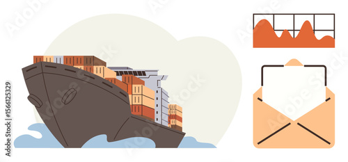 Cargo ship navigating the sea loaded with containers, bar chart illustrating statistics, open envelope symbolizing communication. Ideal for logistics, trade, shipping, global business, data analysis