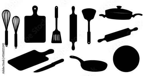 Silhouette depiction of various kitchen utensils including whisks cutting boards and cooking pots tools