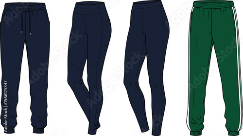 Athletic joggers and leggings fashion flat sketch, unisex sportswear pants set, activewear design, gym clothing, stylish fitness wear flat vector illustration