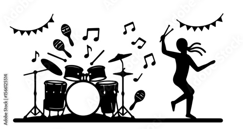Silhouette of a drummer playing drums with musical notes and maracas in a festive atmosphere scene