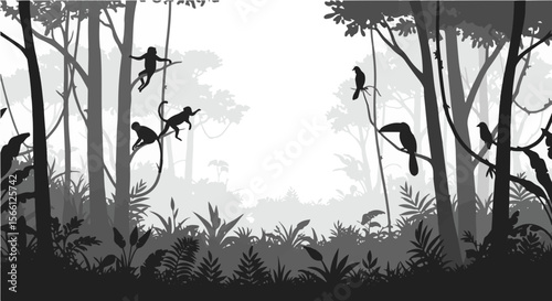 Monkeys and birds silhouettes in a dense jungle with tall trees and lush vegetation in monochrome style