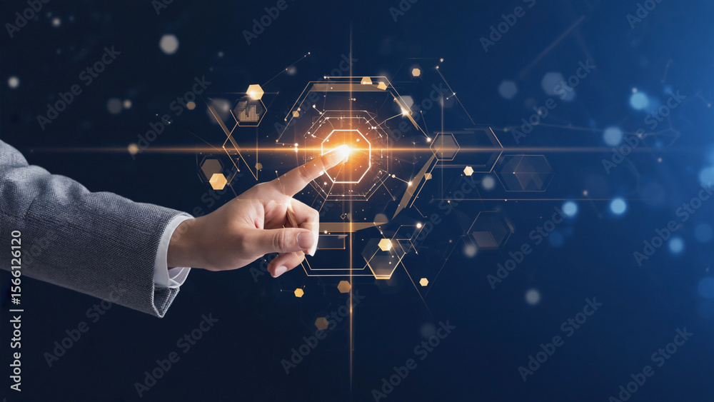 Fototapeta premium Reaching the Digital Frontier: A close-up of a hand interacting with a futuristic digital interface, symbolizing innovation, progress, and seamless technological integration.