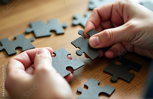 person carefully aligns connects two interlocking puzzle pieces complete challenging complex